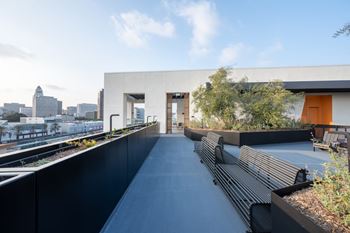 Sky deck with seating area and views of los angeles